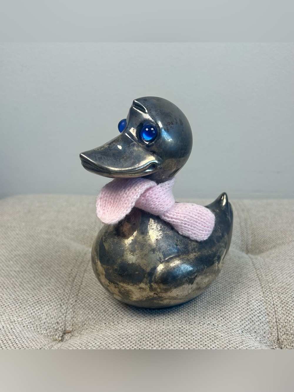 Vintage Danish Silver Plate Duck Bank Blue Jewel Eyes w/out Key Made in Denmark